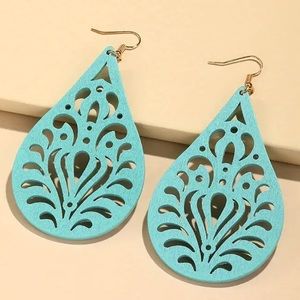 Blue Flower Design Large Wooden Earrings Boho Medallion